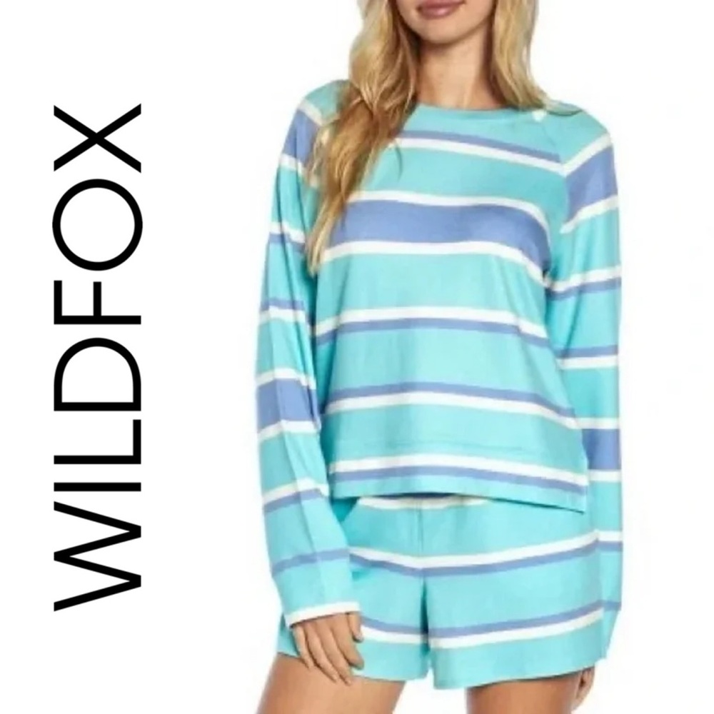 🔥SOLD🔥 WILDFOX Crew Neck Top and Bottoms Blue Striped Pajamas Set Size Small - Picture 1 of 9